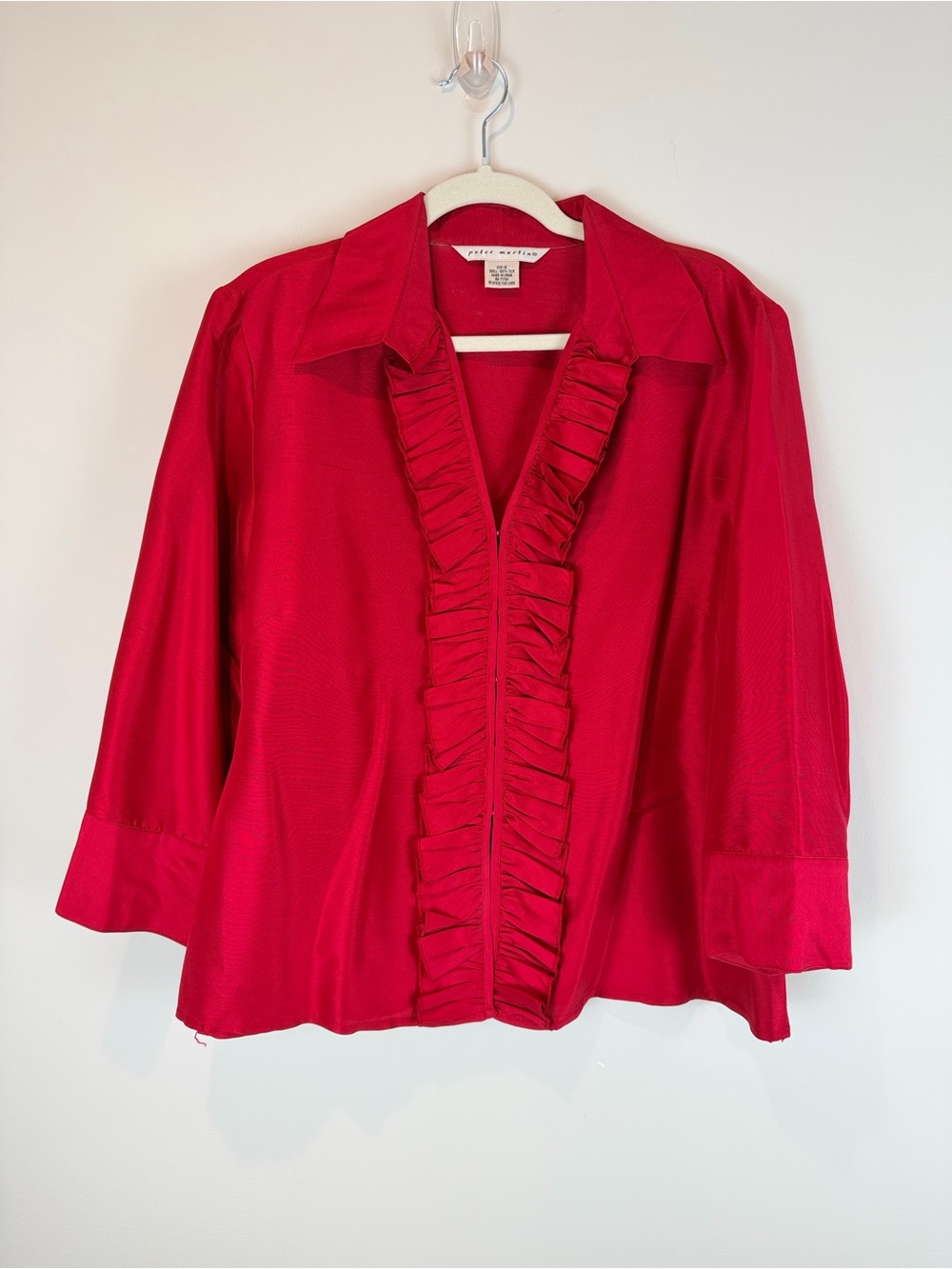 Peter Martin Vintage Old Money Silk Ruffled-Front Bright Red Blouse 12